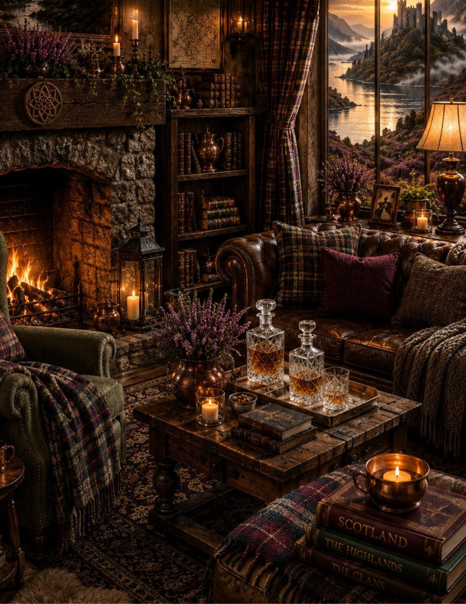 "a cozy living room reflecting the Scottish Highland style home decor"